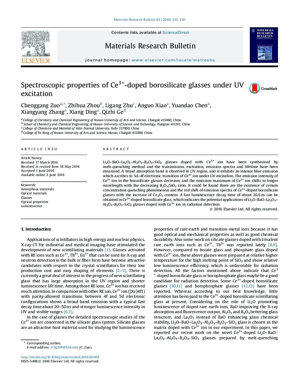 Spectroscopic properties of Ce3+-doped borosilicate glasses under UV excitation