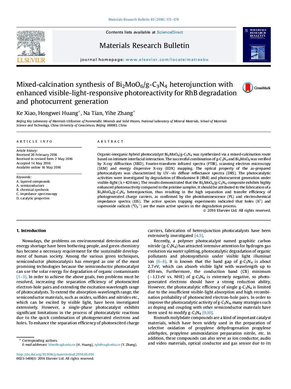 Mixed-calcination synthesis of Bi2MoO6/g-C3N4 heterojunction with enhanced visible-light-responsive photoreactivity for RhB degradation and photocurrent generation