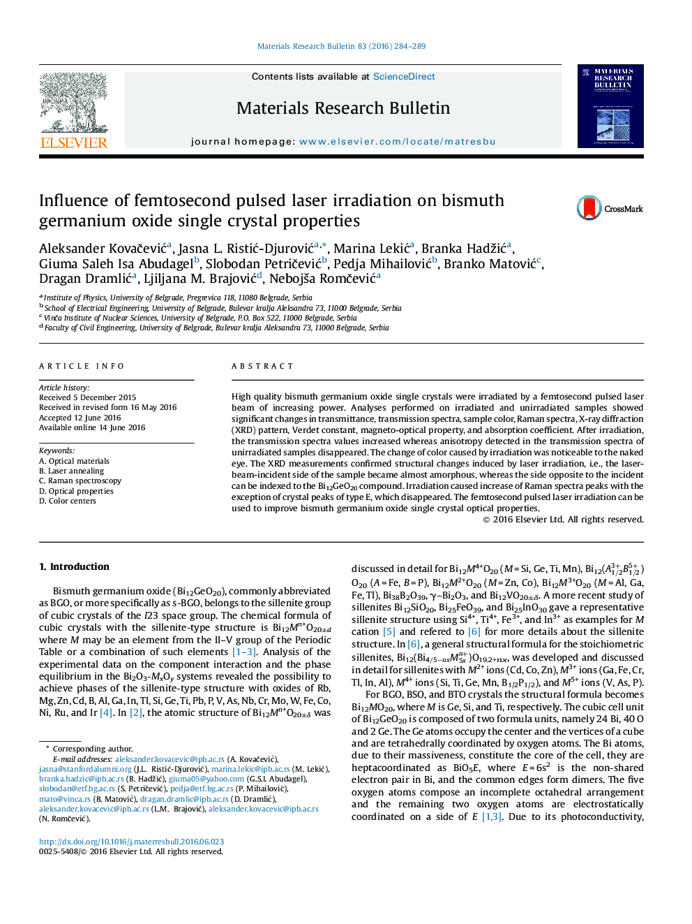 Influence of femtosecond pulsed laser irradiation on bismuth germanium oxide single crystal properties