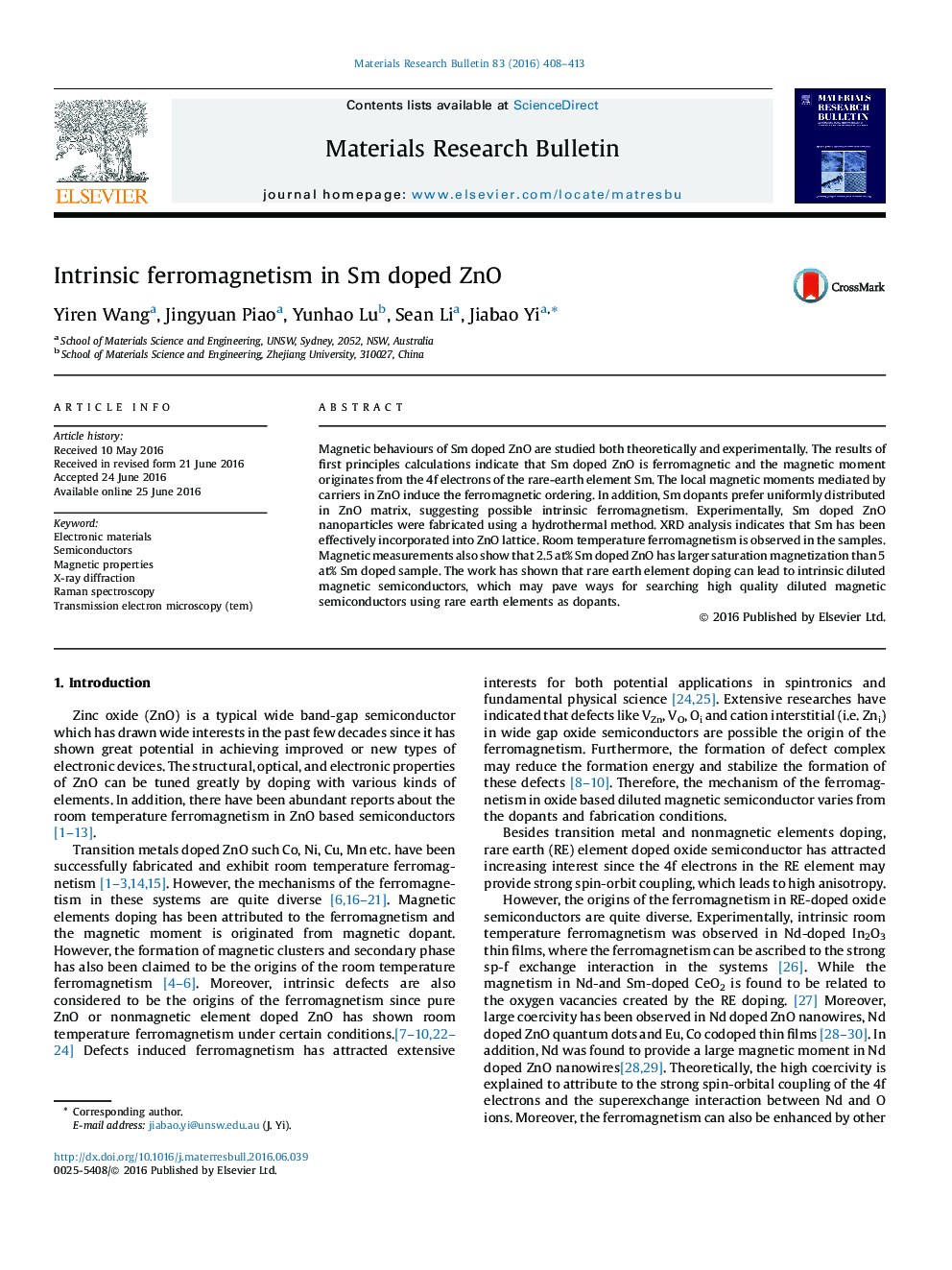 Intrinsic ferromagnetism in Sm doped ZnO