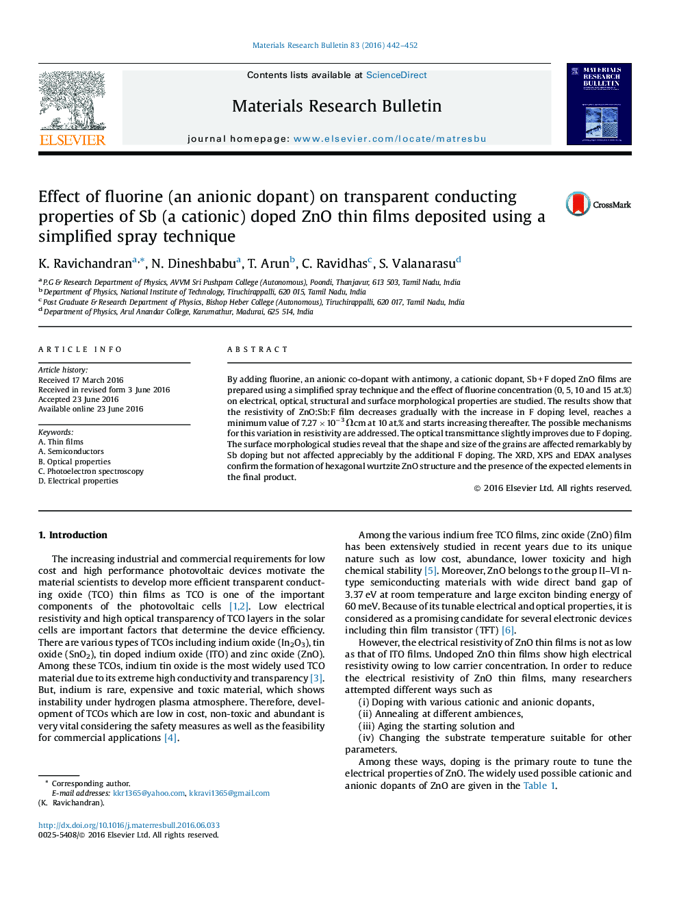 Effect of fluorine (an anionic dopant) on transparent conducting properties of Sb (a cationic) doped ZnO thin films deposited using a simplified spray technique