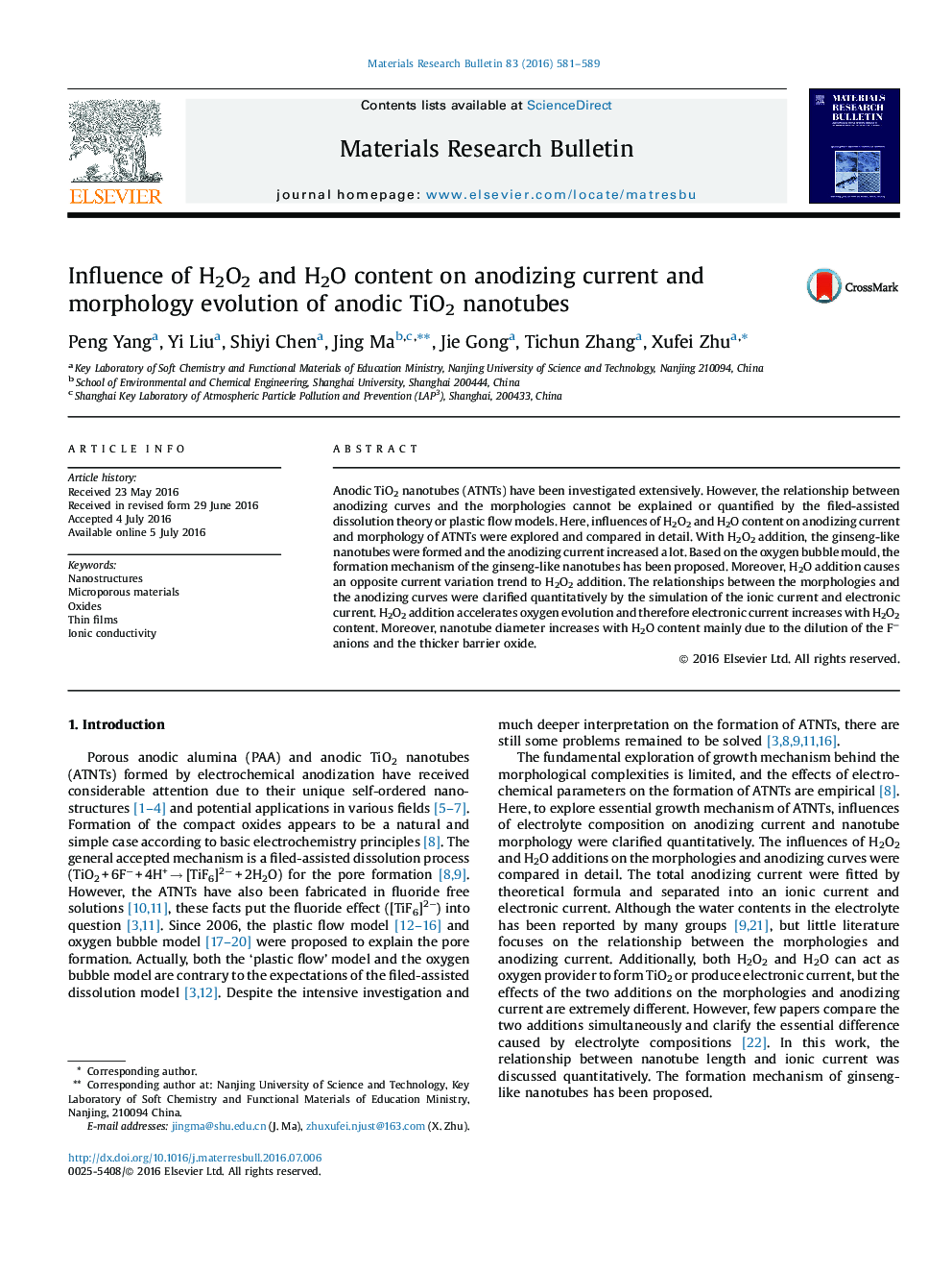 Influence of H2O2 and H2O content on anodizing current and morphology evolution of anodic TiO2 nanotubes