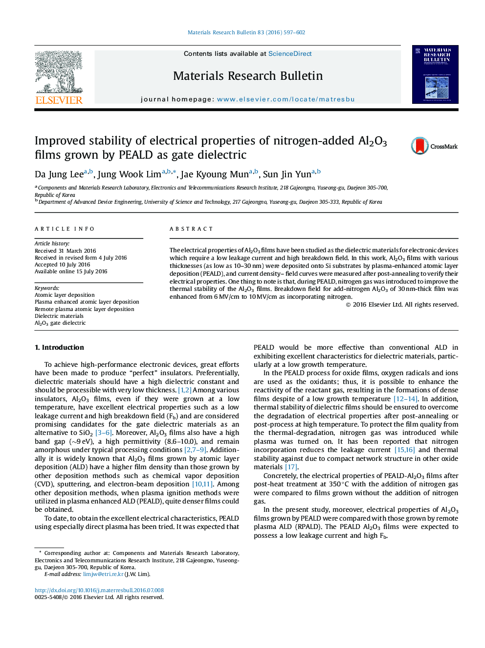 Improved stability of electrical properties of nitrogen-added Al2O3 films grown by PEALD as gate dielectric