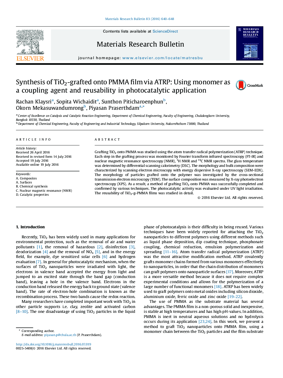 Synthesis of TiO2-grafted onto PMMA film via ATRP: Using monomer as a coupling agent and reusability in photocatalytic application