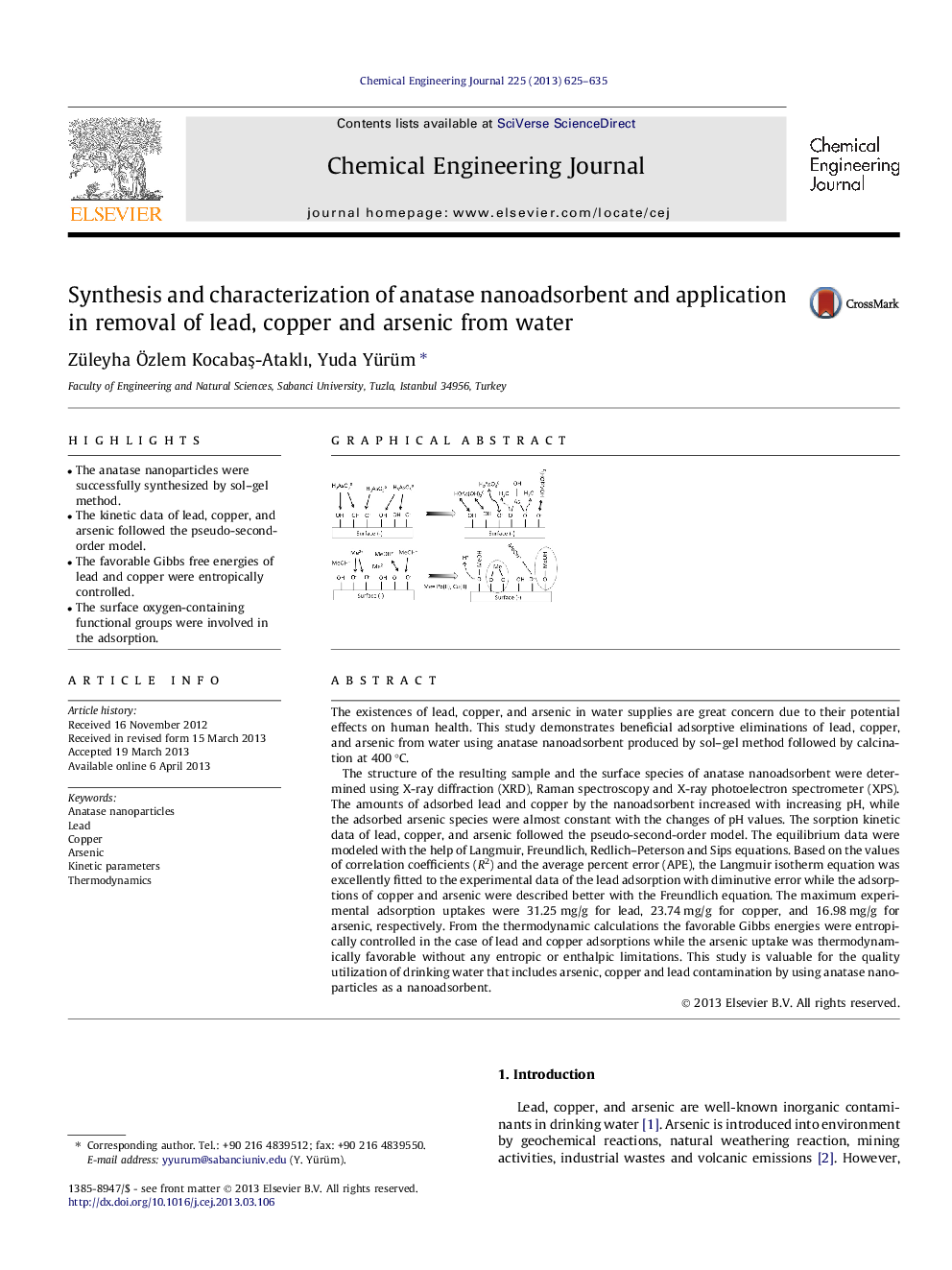 Synthesis and characterization of anatase nanoadsorbent and application in removal of lead, copper and arsenic from water