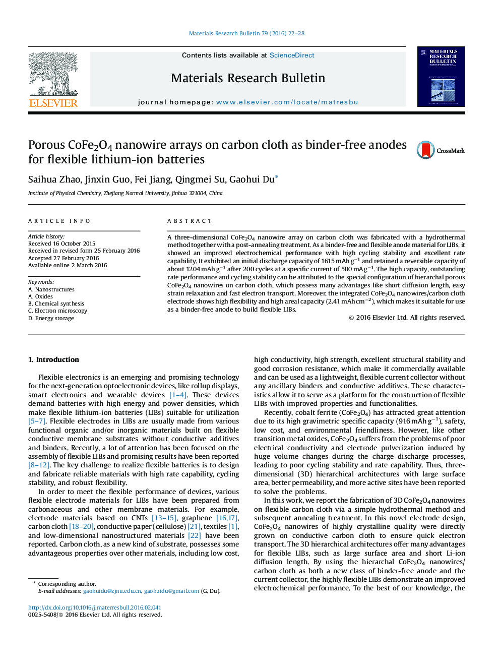 Porous CoFe2O4 nanowire arrays on carbon cloth as binder-free anodes for flexible lithium-ion batteries