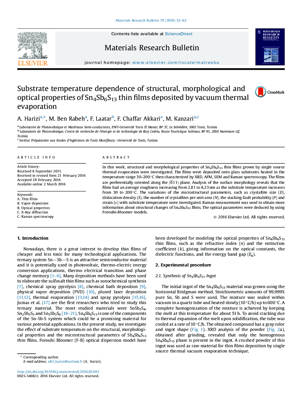 Substrate temperature dependence of structural, morphological and optical properties of Sn4Sb6S13 thin films deposited by vacuum thermal evaporation