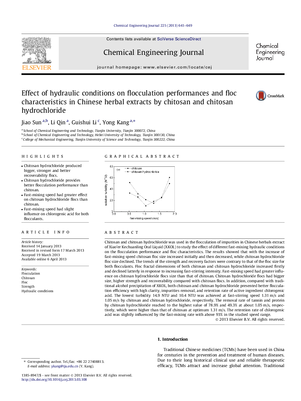 Effect of hydraulic conditions on flocculation performances and floc characteristics in Chinese herbal extracts by chitosan and chitosan hydrochloride