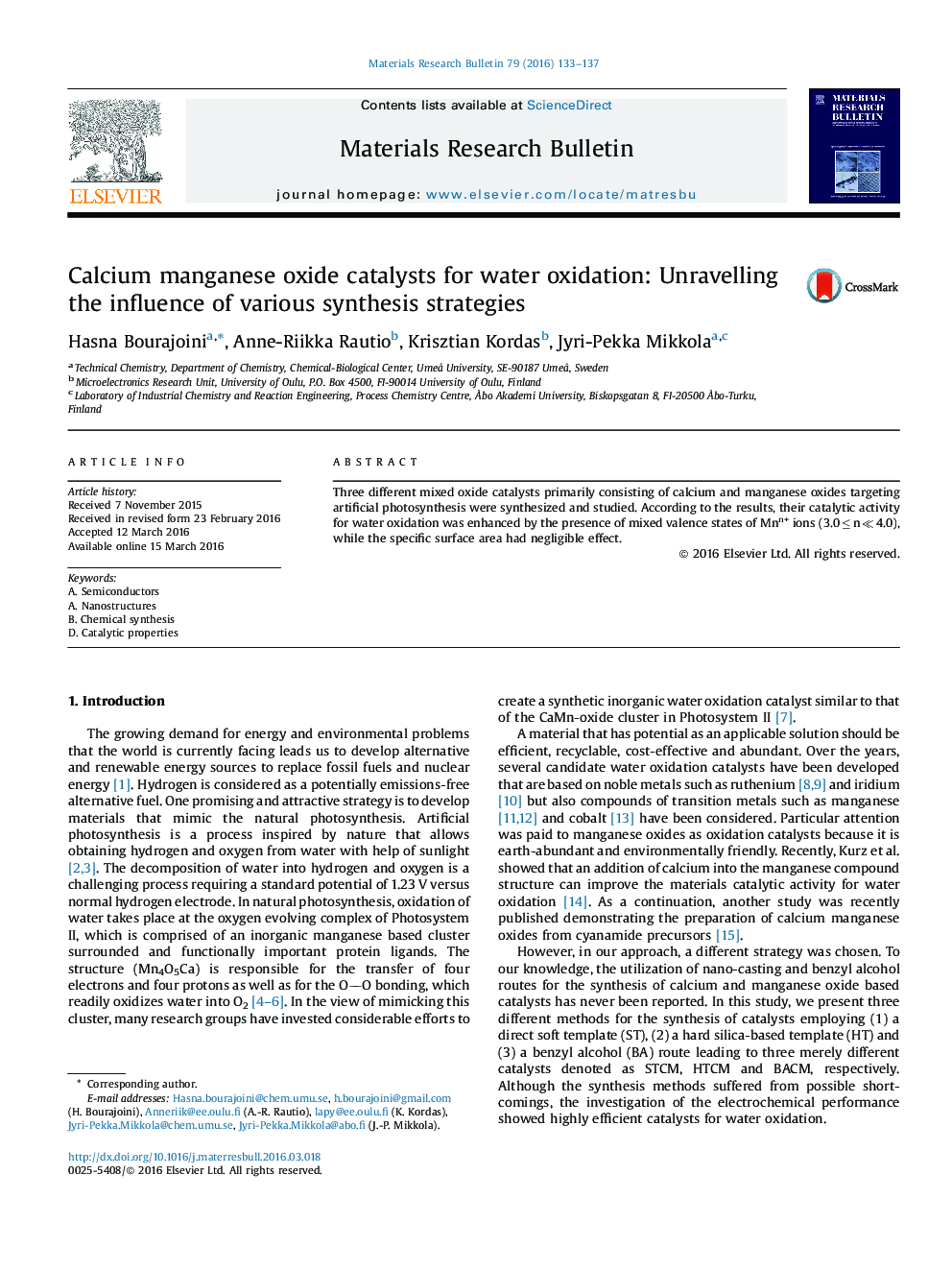 کاتالیزور اکسید منگنز کلسیم برای اکسیداسیون آب: تجزیه و تحلیل اثر استراتژی های مختلف سنتز 