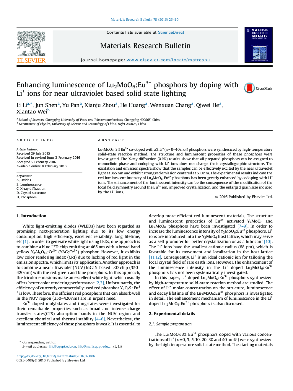 Enhancing luminescence of Lu2MoO6:Eu3+ phosphors by doping with Li+ ions for near ultraviolet based solid state lighting