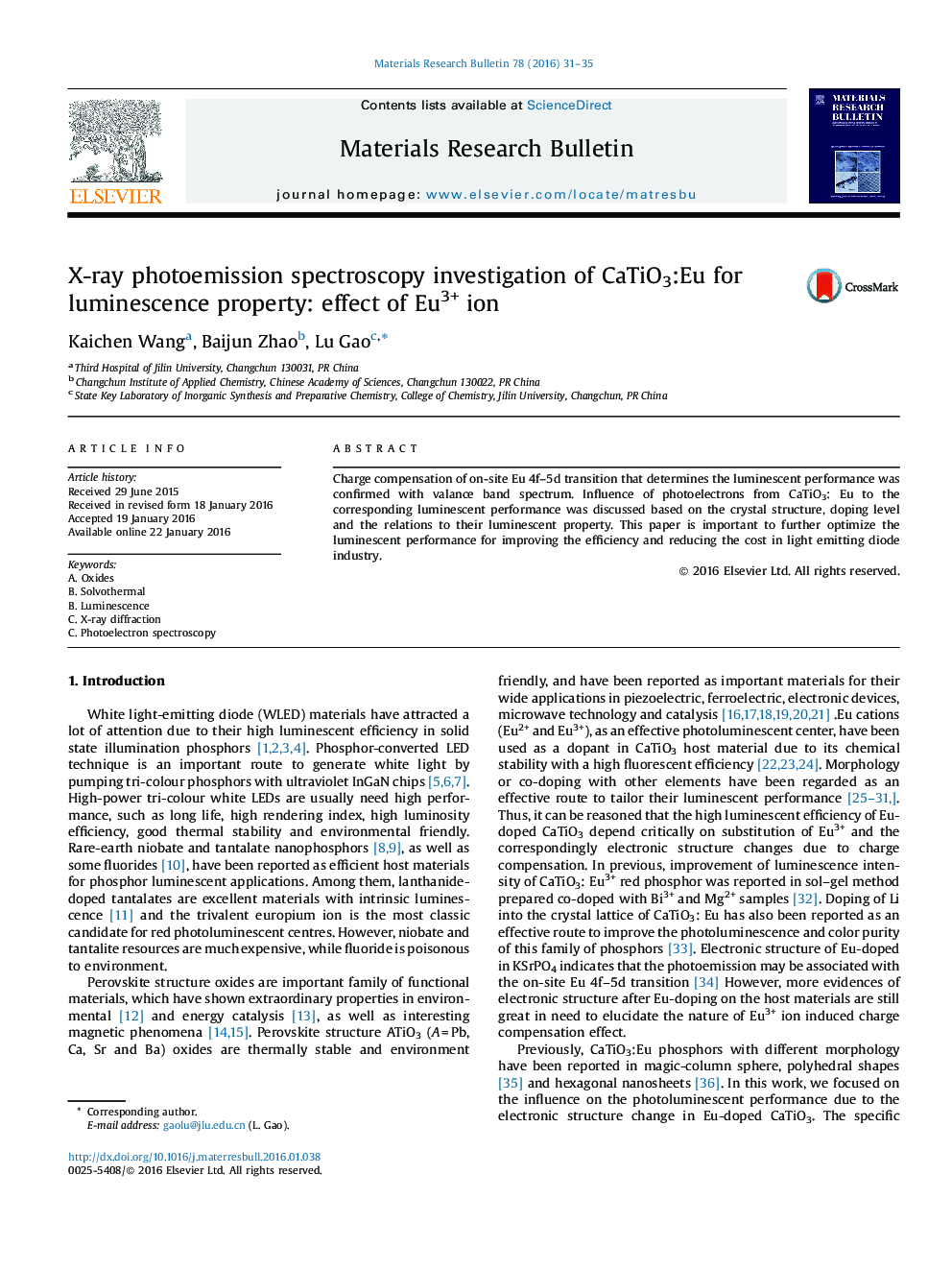 X-ray photoemission spectroscopy investigation of CaTiO3:Eu for luminescence property: effect of Eu3+ ion