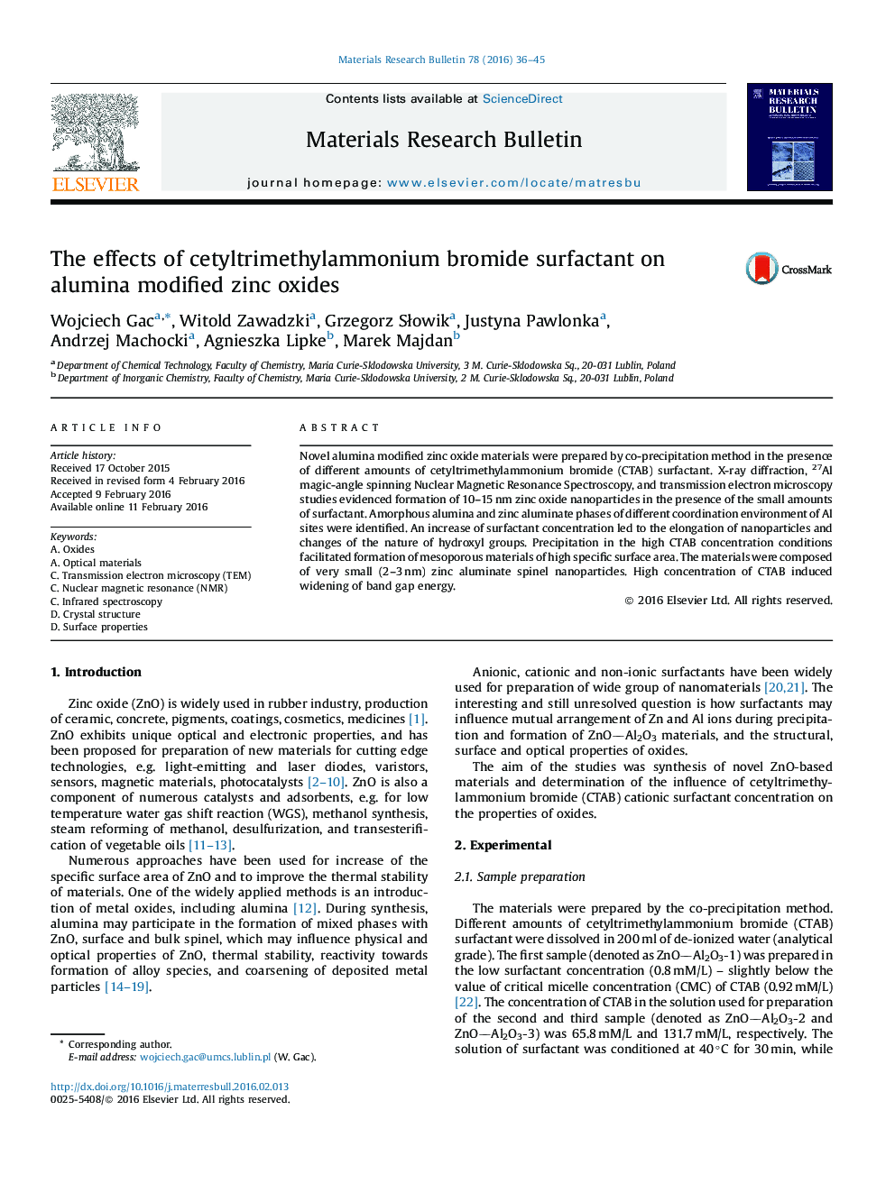 The effects of cetyltrimethylammonium bromide surfactant on alumina modified zinc oxides