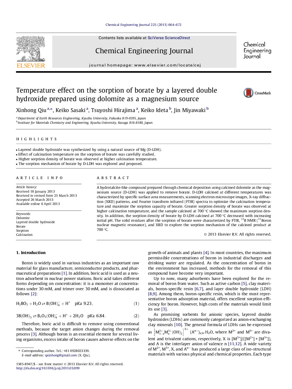 Temperature effect on the sorption of borate by a layered double hydroxide prepared using dolomite as a magnesium source