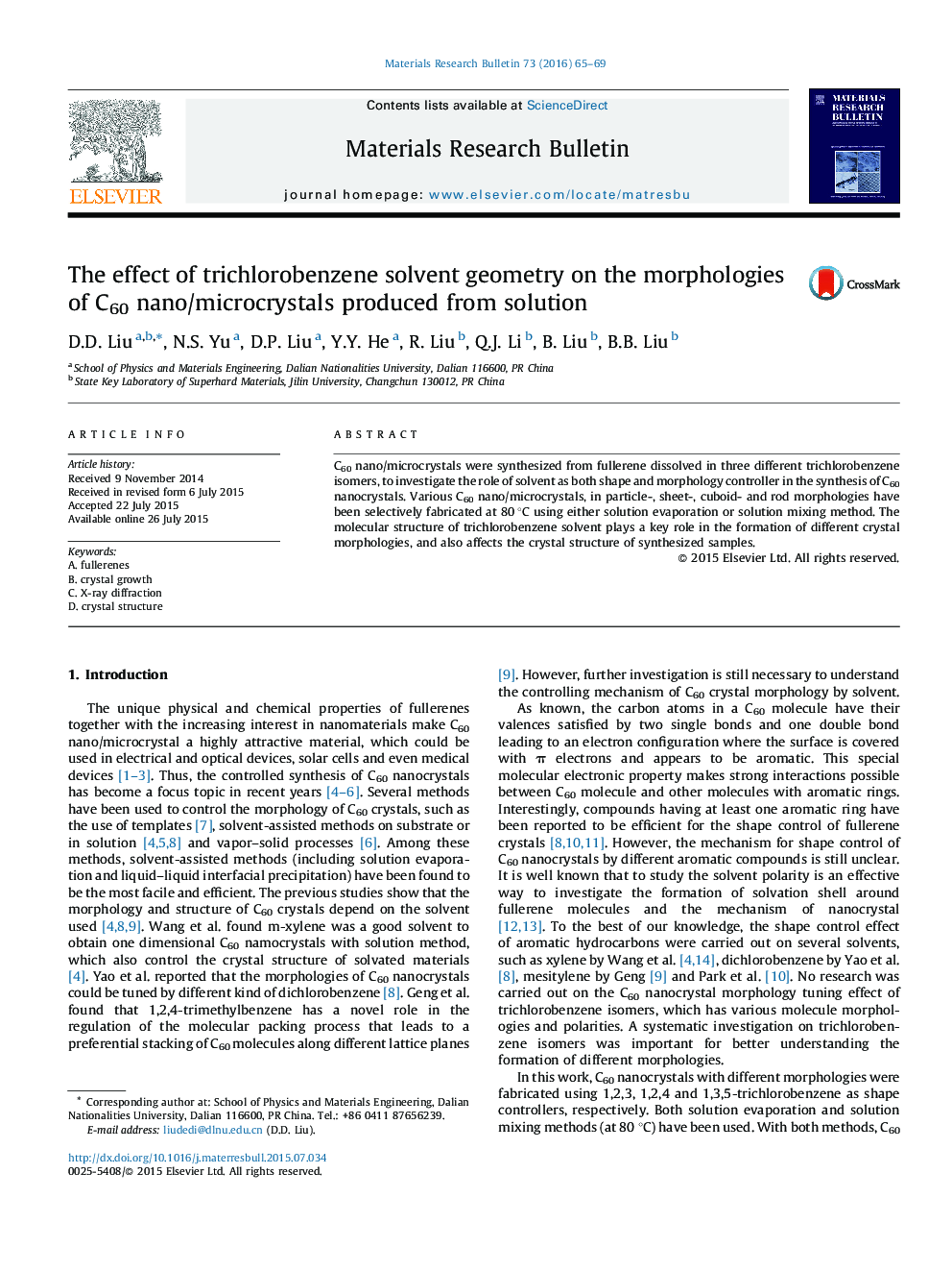 The effect of trichlorobenzene solvent geometry on the morphologies of C60 nano/microcrystals produced from solution