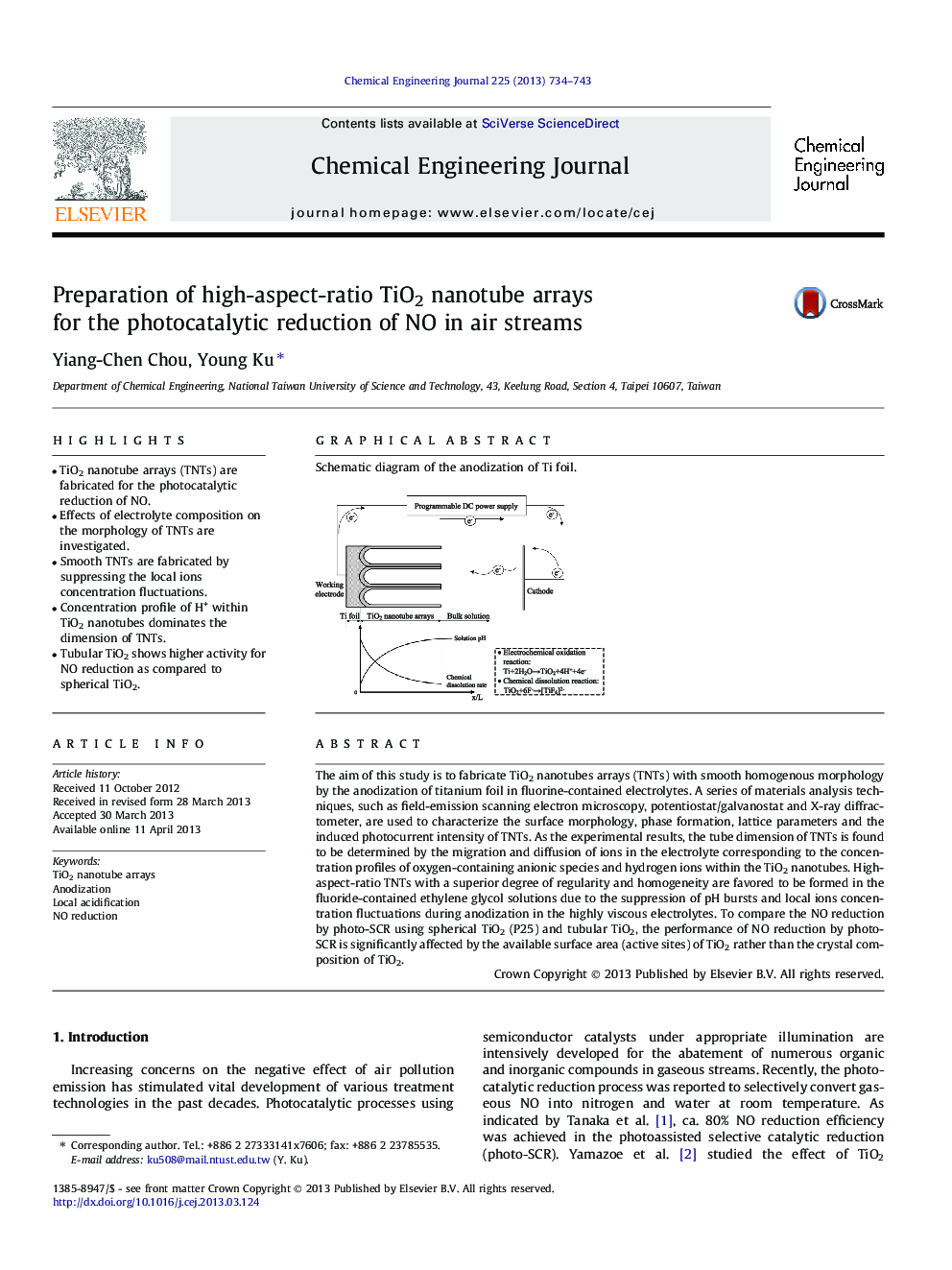 عکس صفحه اول مقاله: Preparation of high-aspect-ratio TiO2 nanotube arrays for the photocatalytic reduction of NO in air streams Preparation of high-aspect-ratio TiO2 nanotube arrays for the photocatalytic reduction of NO in air streams