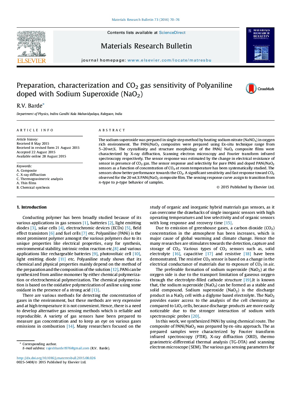 Preparation, characterization and CO2 gas sensitivity of Polyaniline doped with Sodium Superoxide (NaO2)