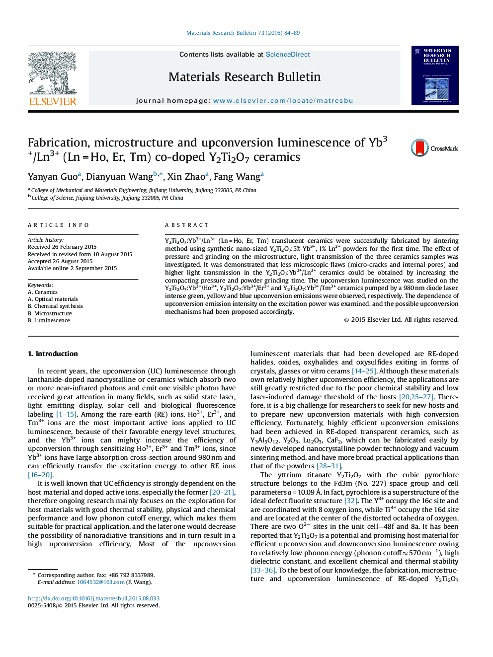 Fabrication, microstructure and upconversion luminescence of Yb3+/Ln3+ (Ln = Ho, Er, Tm) co-doped Y2Ti2O7 ceramics