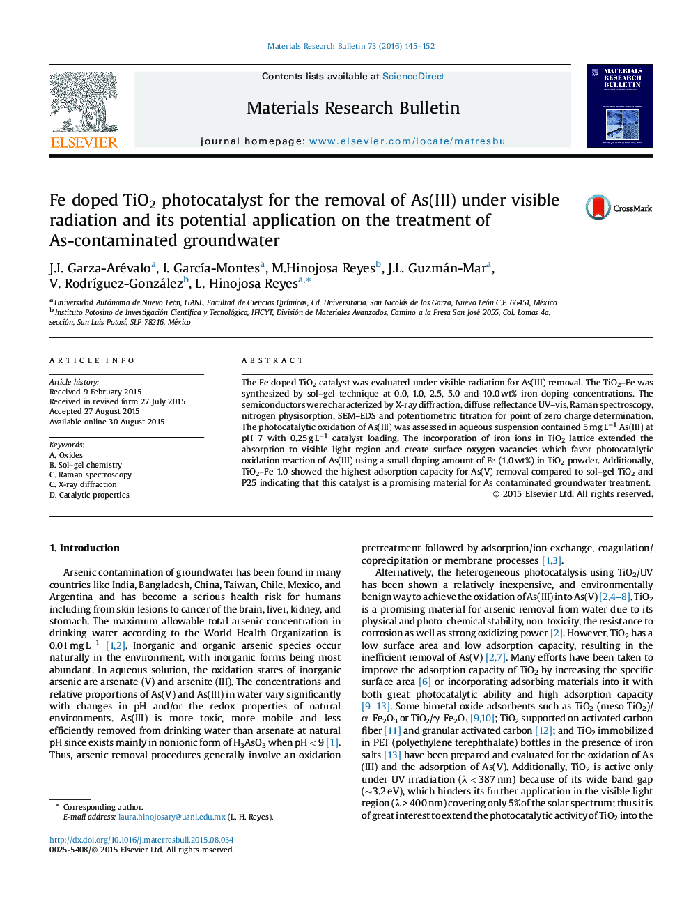 Fe doped TiO2 photocatalyst for the removal of As(III) under visible radiation and its potential application on the treatment of As-contaminated groundwater