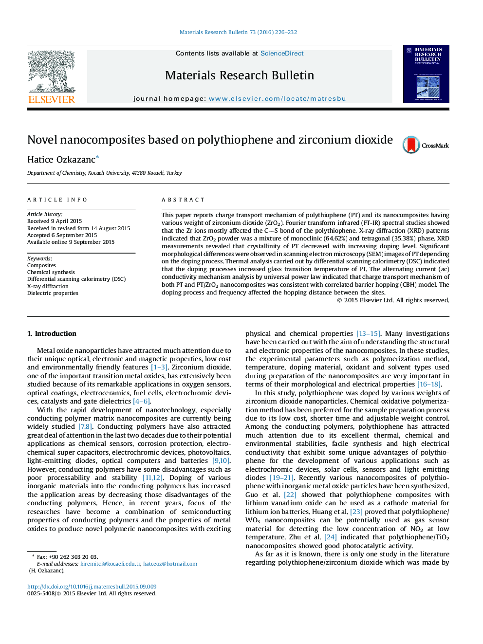 Novel nanocomposites based on polythiophene and zirconium dioxide