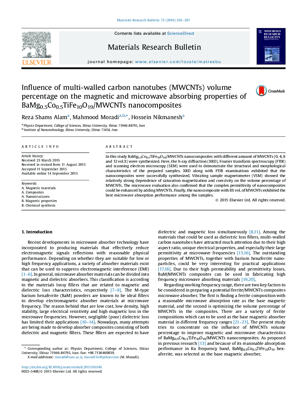 Influence of multi-walled carbon nanotubes (MWCNTs) volume percentage on the magnetic and microwave absorbing properties of BaMg0.5Co0.5TiFe10O19/MWCNTs nanocomposites