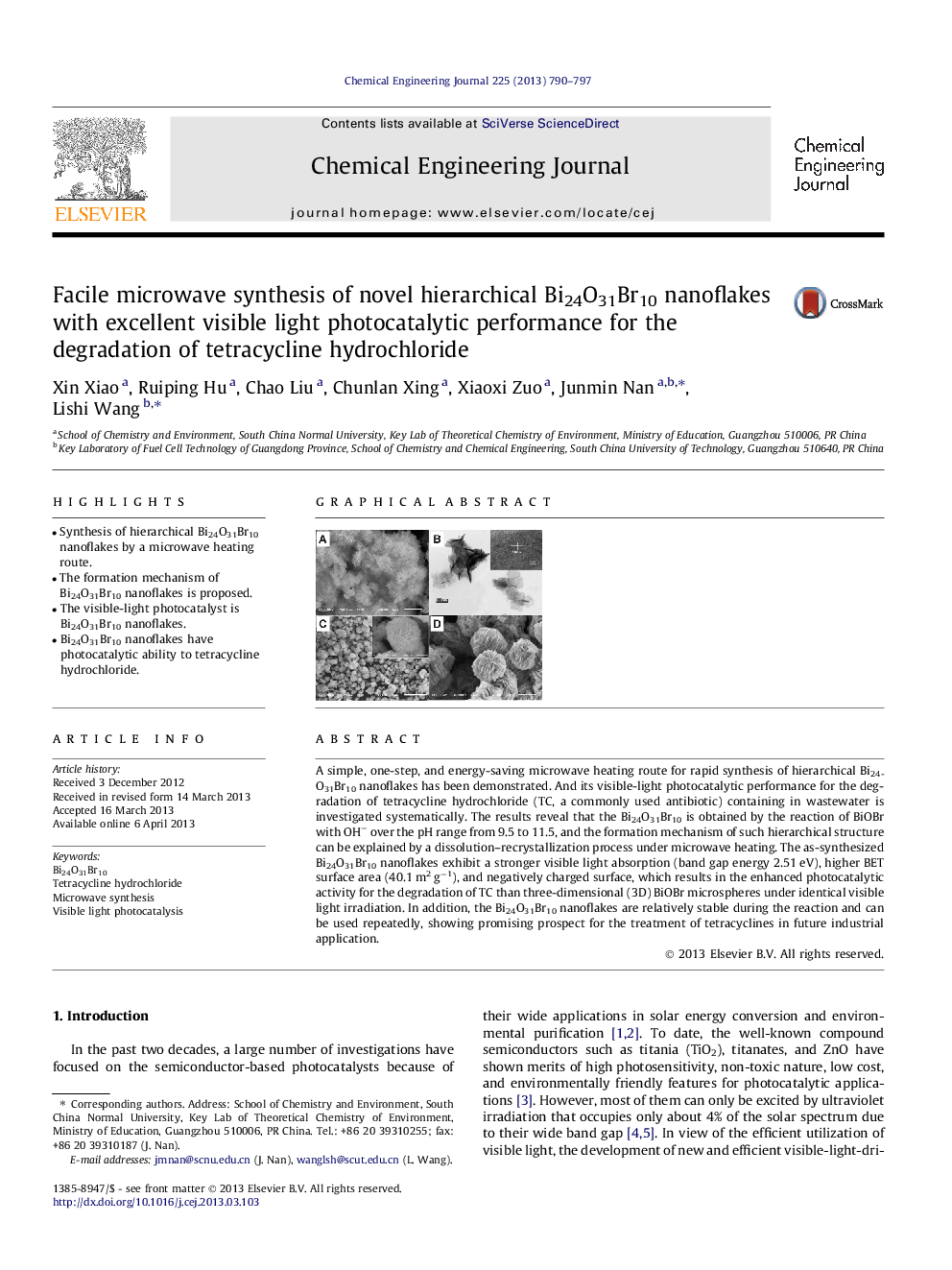 Facile microwave synthesis of novel hierarchical Bi24O31Br10 nanoflakes with excellent visible light photocatalytic performance for the degradation of tetracycline hydrochloride