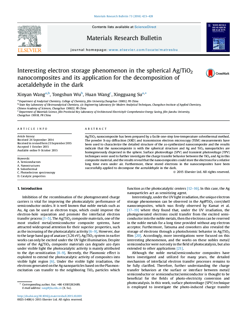 Interesting electron storage phenomenon in the spherical Ag/TiO2 nanocomposites and its application for the decomposition of acetaldehyde in the dark