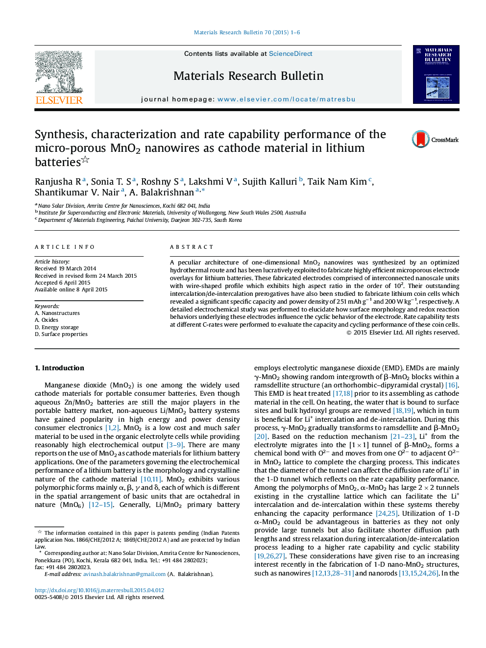 Synthesis, characterization and rate capability performance of the micro-porous MnO2 nanowires as cathode material in lithium batteries 