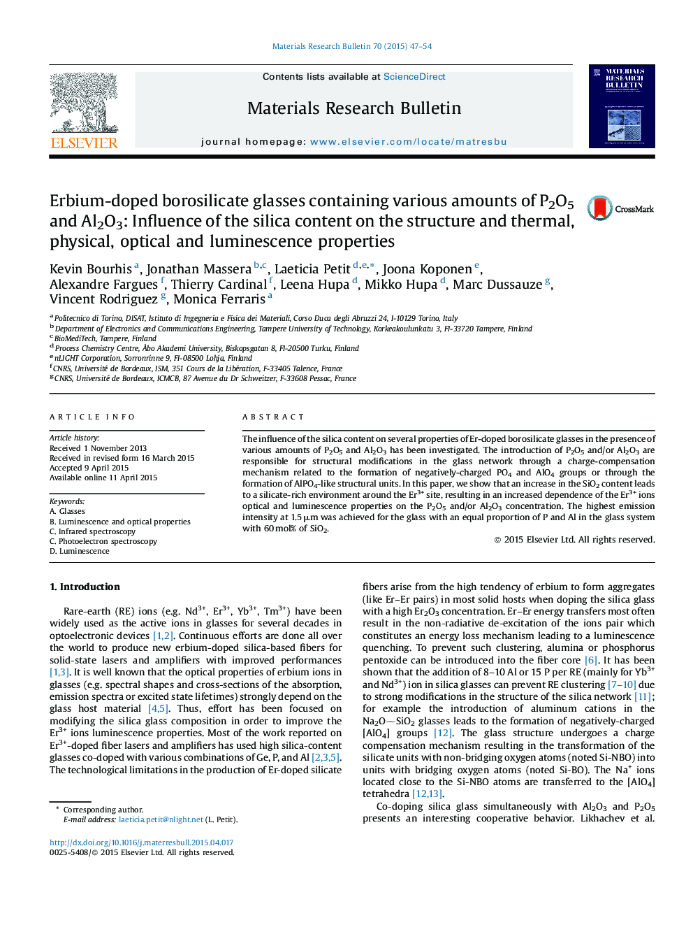 Erbium-doped borosilicate glasses containing various amounts of P2O5 and Al2O3: Influence of the silica content on the structure and thermal, physical, optical and luminescence properties