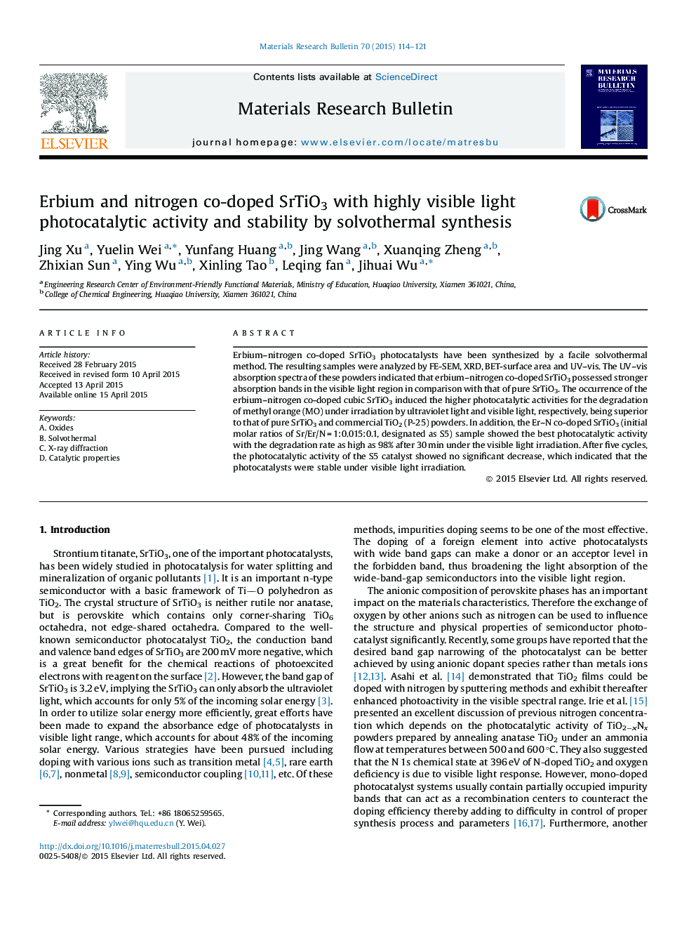 Erbium and nitrogen co-doped SrTiO3 with highly visible light photocatalytic activity and stability by solvothermal synthesis