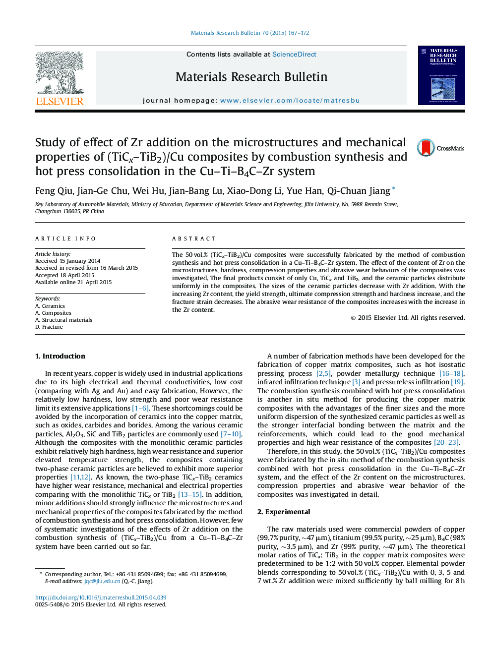 Study of effect of Zr addition on the microstructures and mechanical properties of (TiCx–TiB2)/Cu composites by combustion synthesis and hot press consolidation in the Cu–Ti–B4C–Zr system