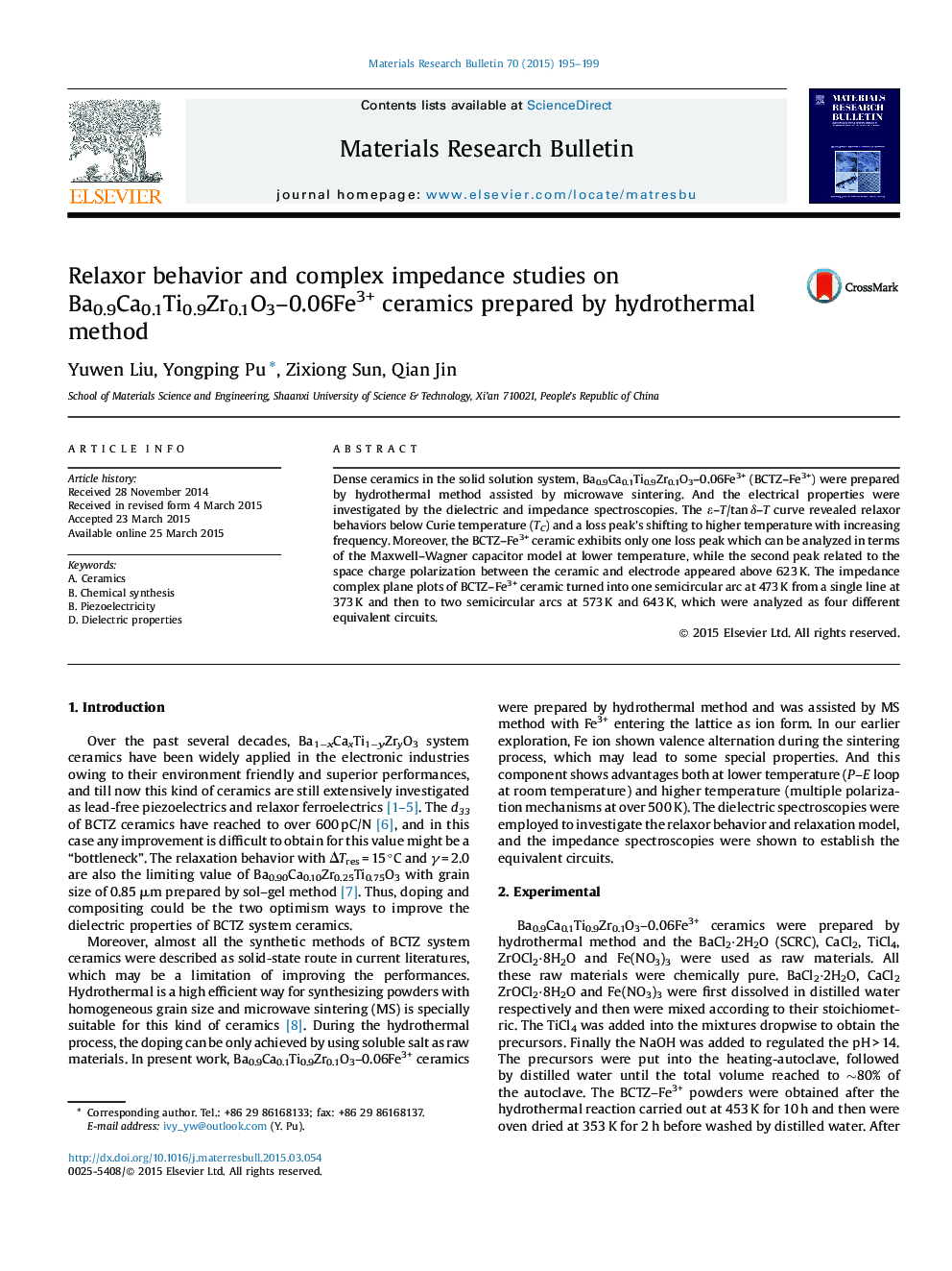 Relaxor behavior and complex impedance studies on Ba0.9Ca0.1Ti0.9Zr0.1O3-0.06Fe3+ ceramics prepared by hydrothermal method