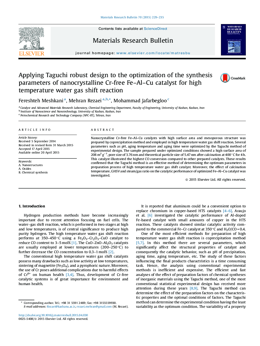 Applying Taguchi robust design to the optimization of the synthesis parameters of nanocrystalline Cr-free Fe–Al–Cu catalyst for high temperature water gas shift reaction