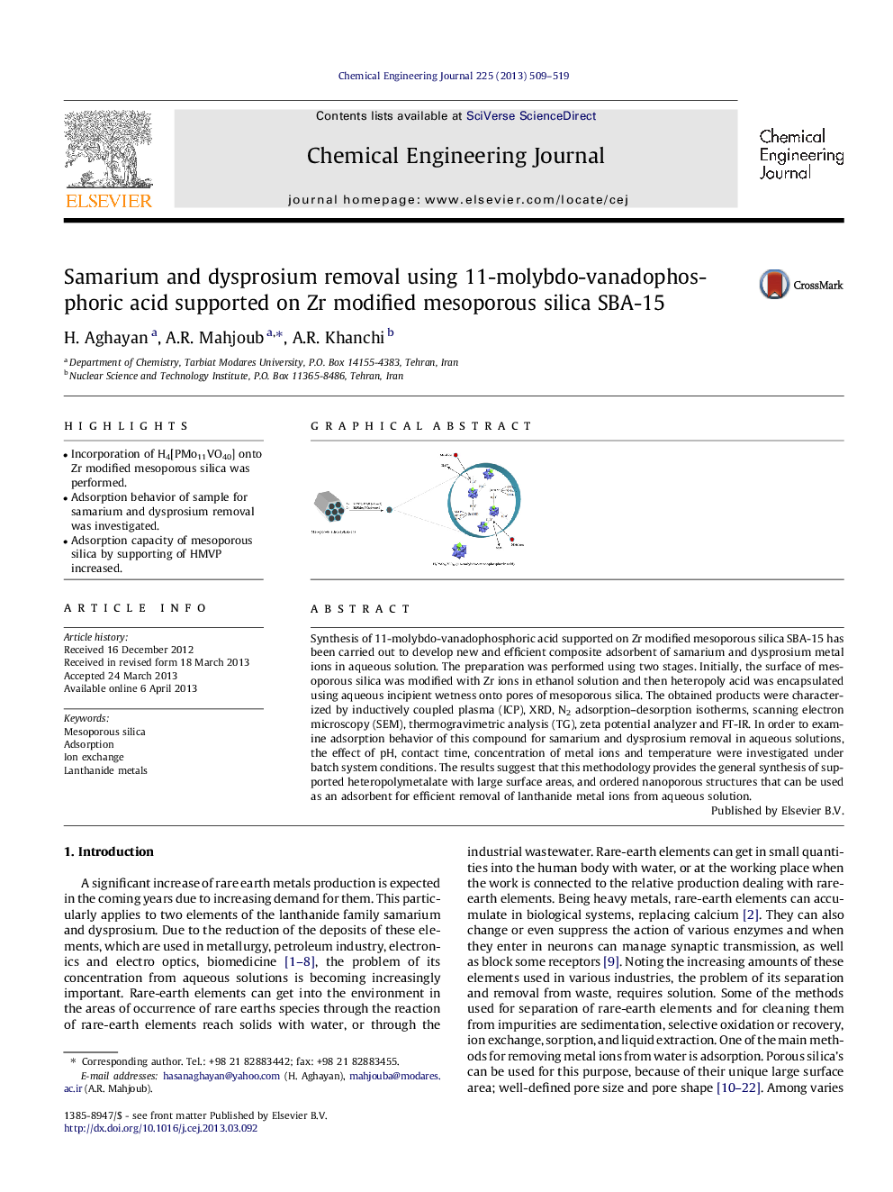 Samarium and dysprosium removal using 11-molybdo-vanadophosphoric acid supported on Zr modified mesoporous silica SBA-15
