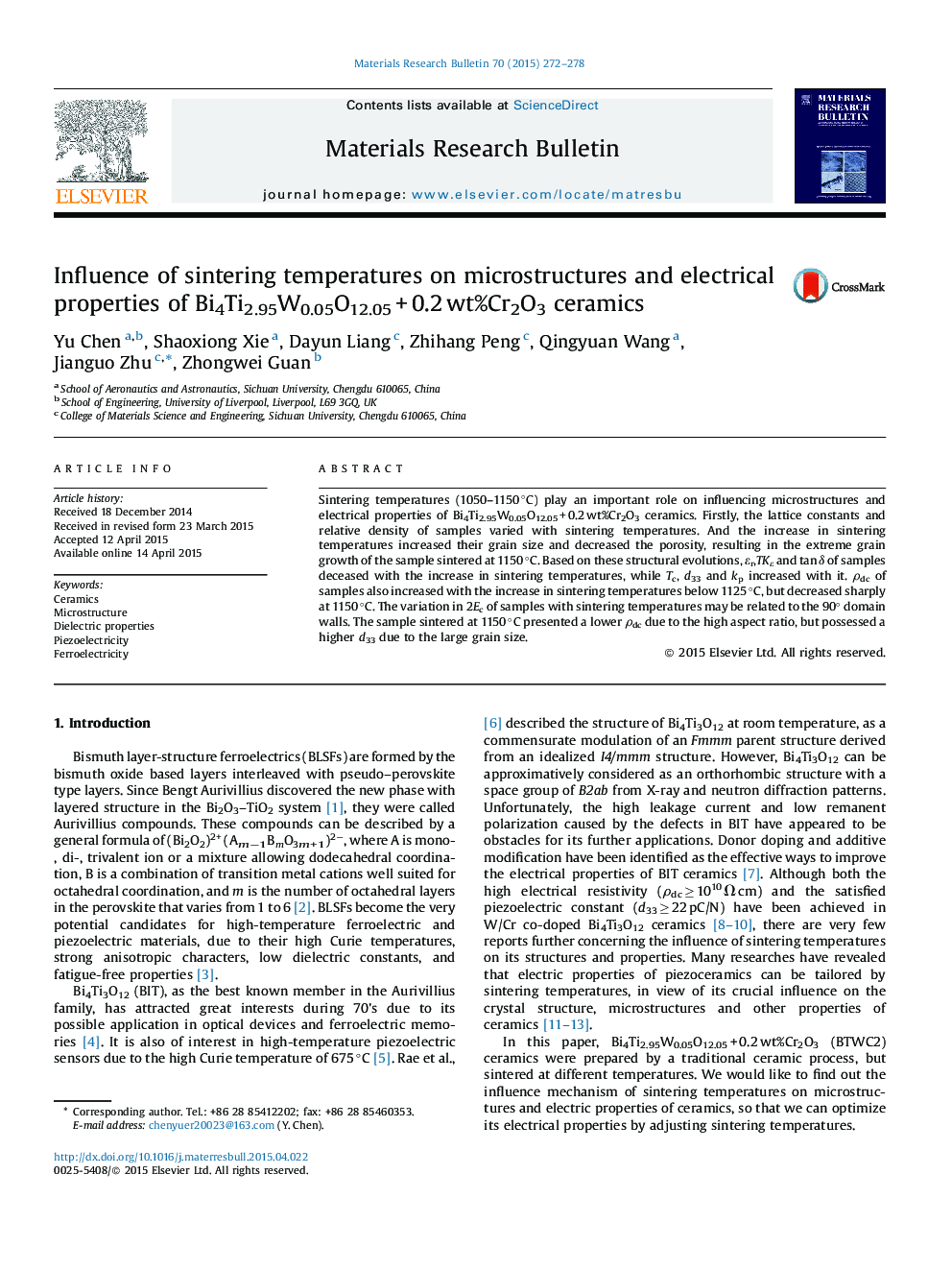 Influence of sintering temperatures on microstructures and electrical properties of Bi4Ti2.95W0.05O12.05 + 0.2 wt%Cr2O3 ceramics