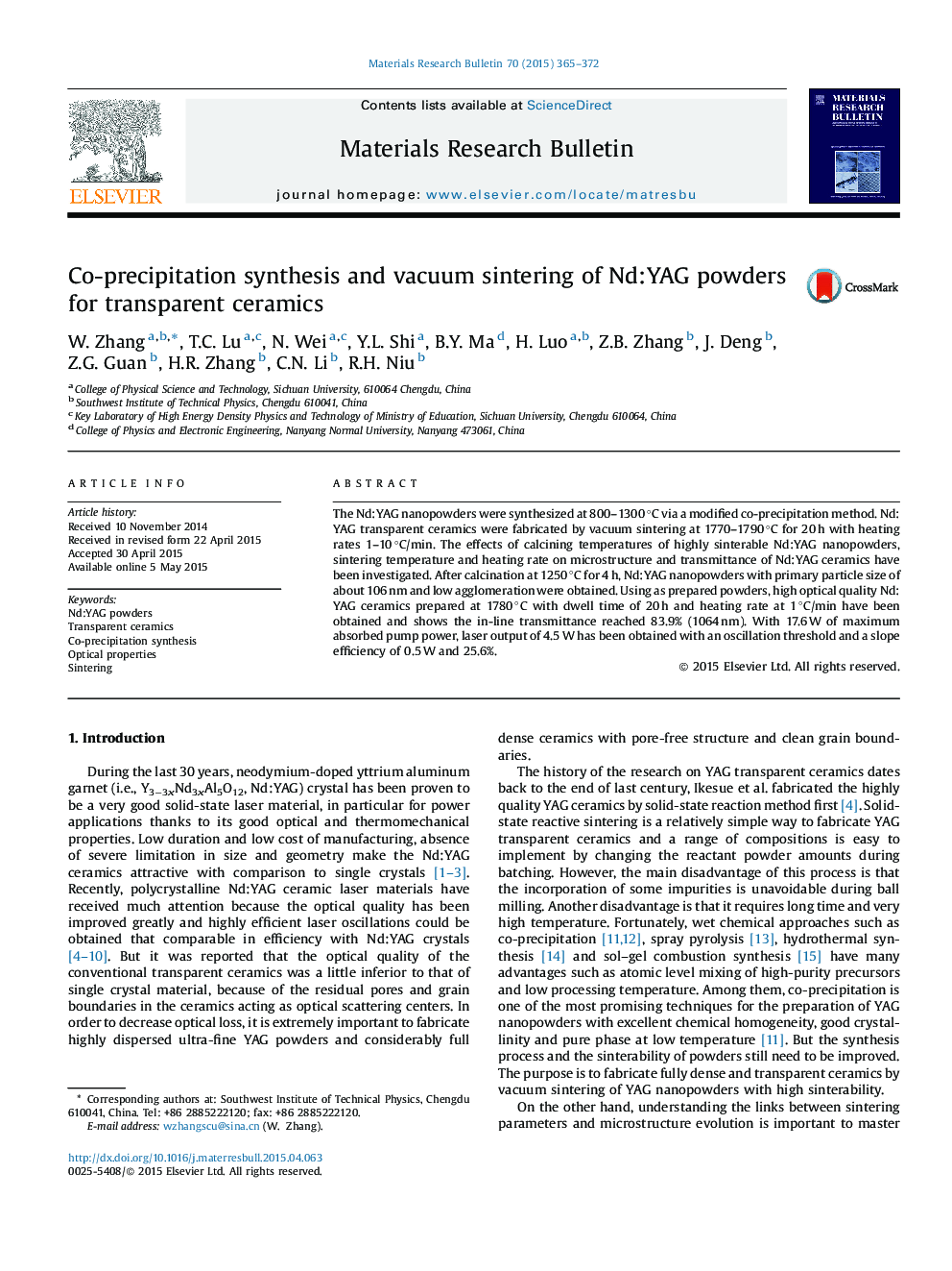 Co-precipitation synthesis and vacuum sintering of Nd:YAG powders for transparent ceramics