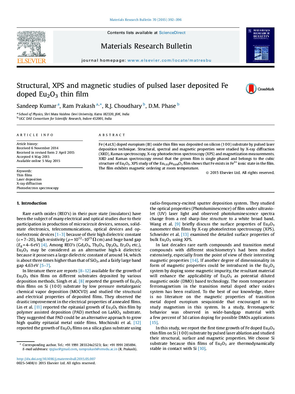 Structural, XPS and magnetic studies of pulsed laser deposited Fe doped Eu2O3 thin film