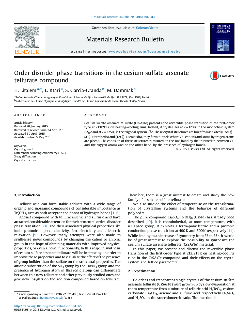 Order disorder phase transitions in the cesium sulfate arsenate tellurate compound