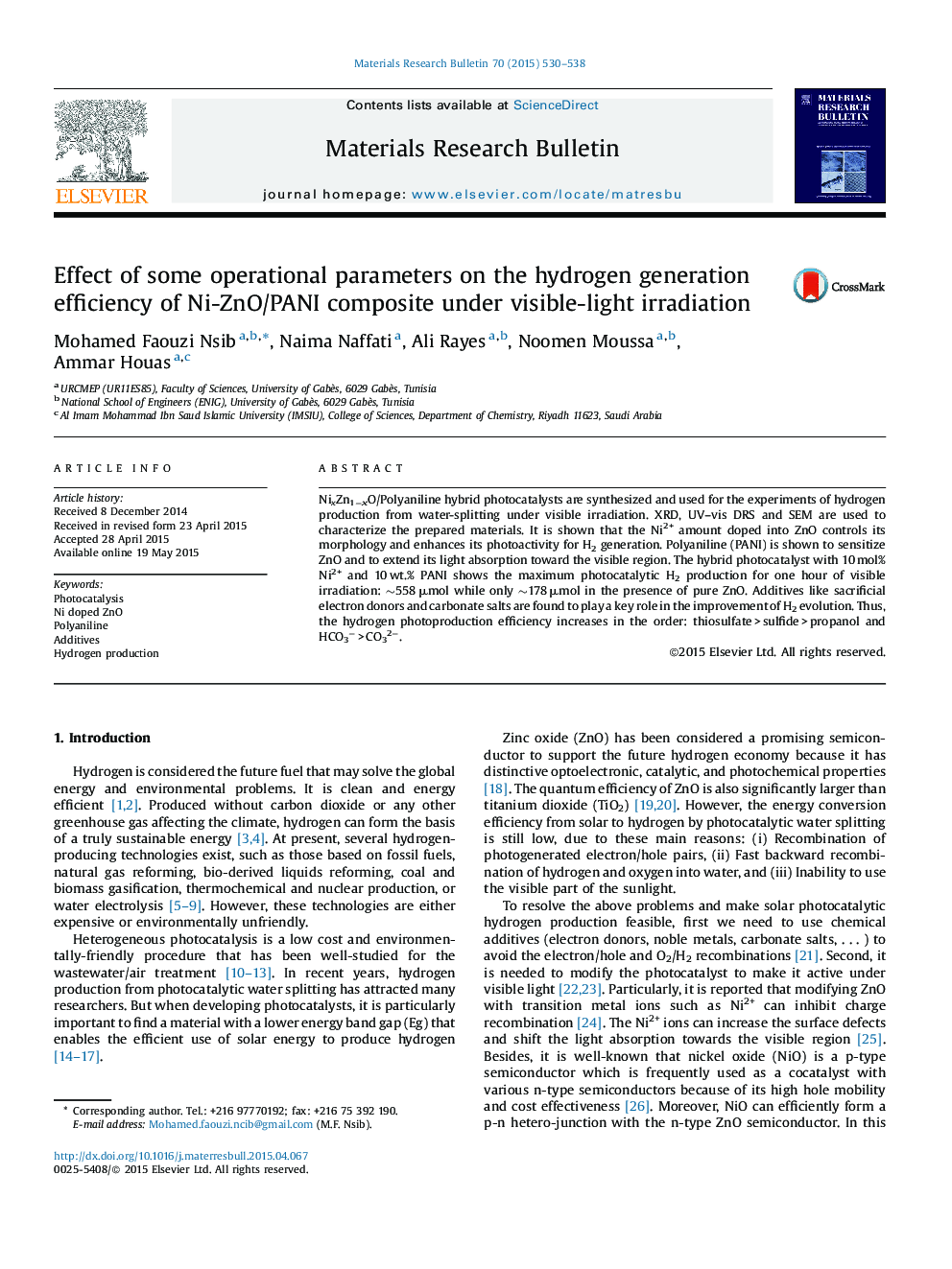 Effect of some operational parameters on the hydrogen generation efficiency of Ni-ZnO/PANI composite under visible-light irradiation