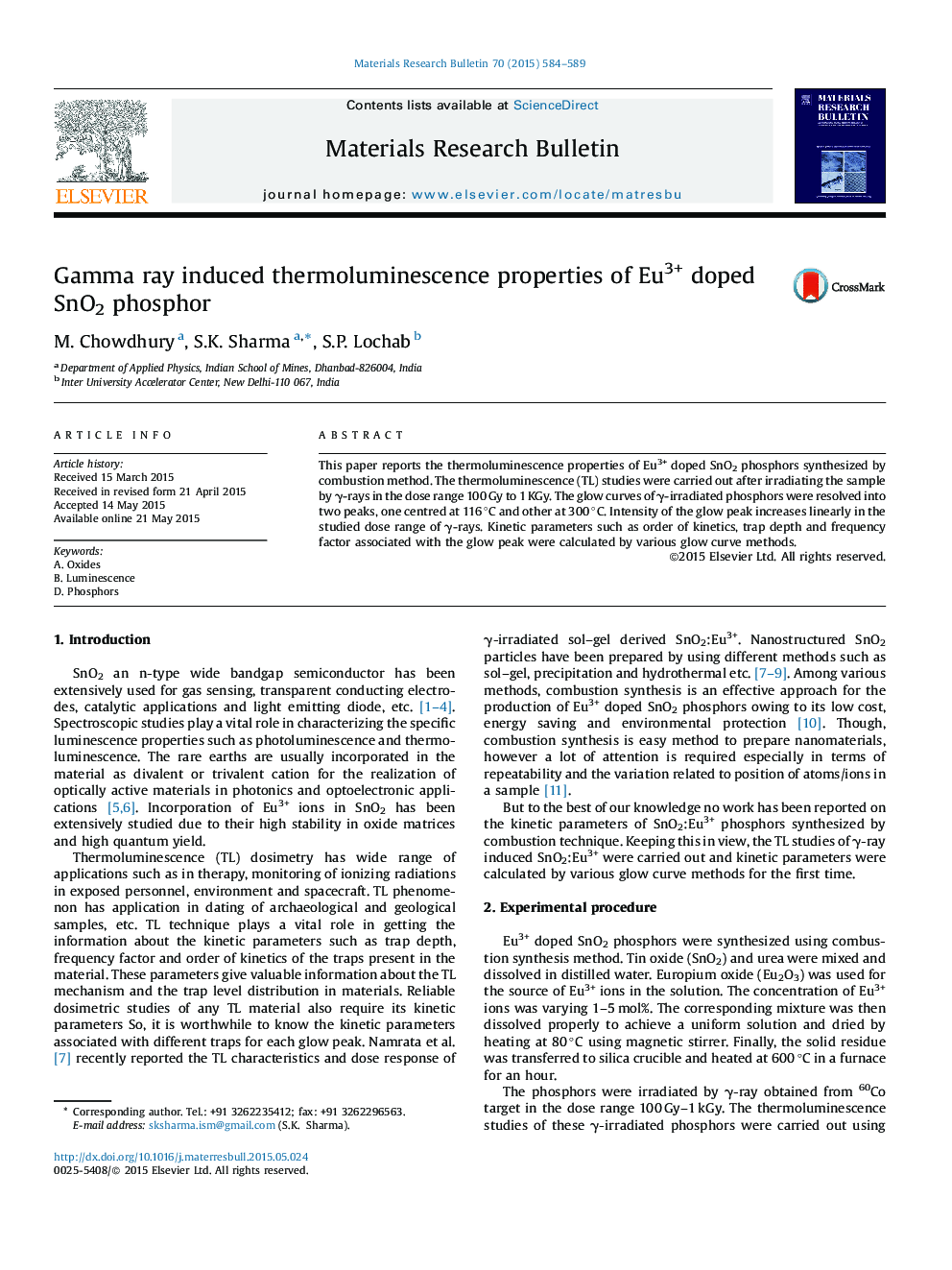 Gamma ray induced thermoluminescence properties of Eu3+ doped SnO2 phosphor