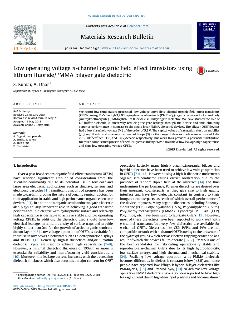 Low operating voltage n-channel organic field effect transistors using lithium fluoride/PMMA bilayer gate dielectric