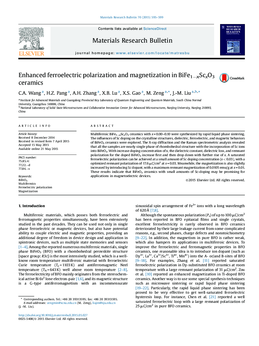 Enhanced ferroelectric polarization and magnetization in BiFe1−xScxO3 ceramics