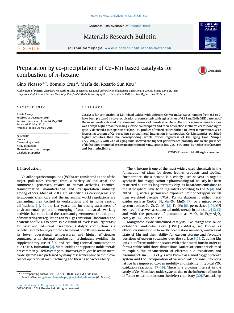 Preparation by co-precipitation of Ce–Mn based catalysts for combustion of n-hexane