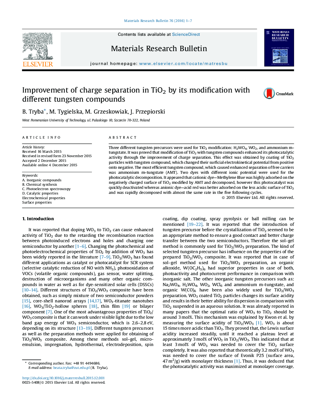 Improvement of charge separation in TiO2 by its modification with different tungsten compounds