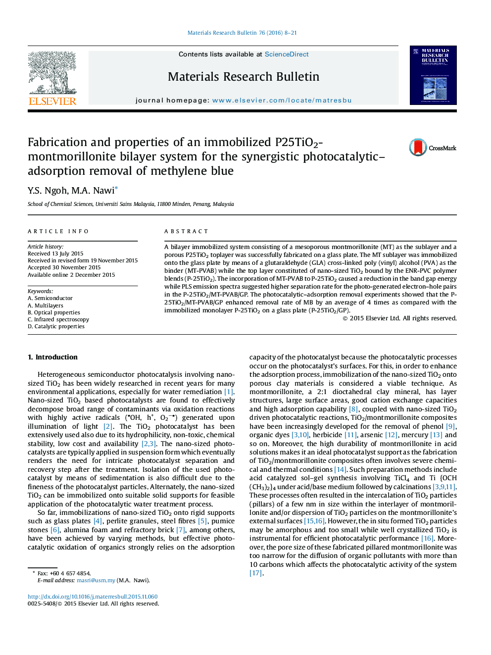 Fabrication and properties of an immobilized P25TiO2-montmorillonite bilayer system for the synergistic photocatalytic–adsorption removal of methylene blue