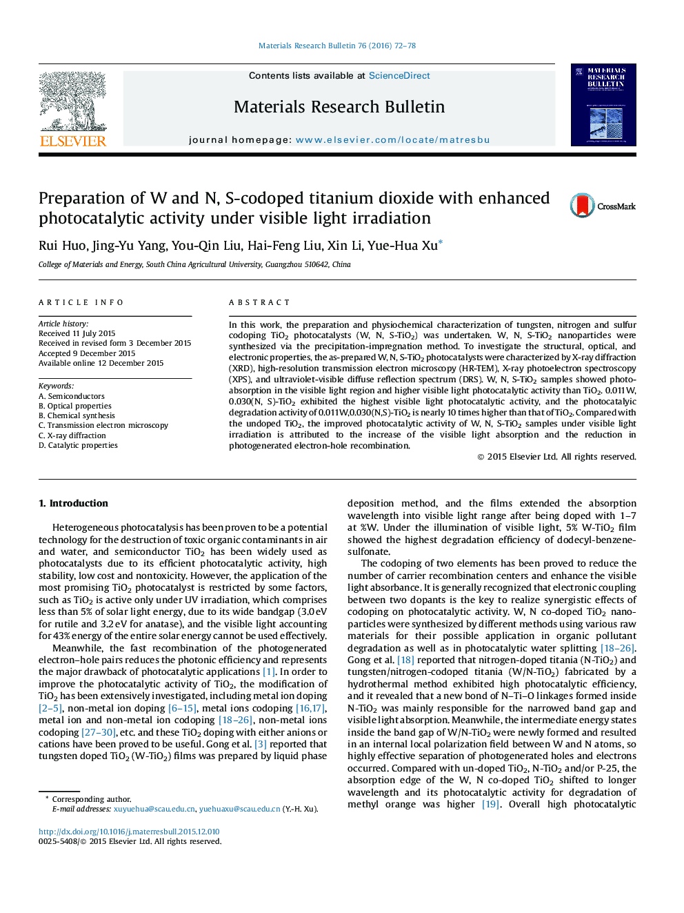 Preparation of W and N, S-codoped titanium dioxide with enhanced photocatalytic activity under visible light irradiation