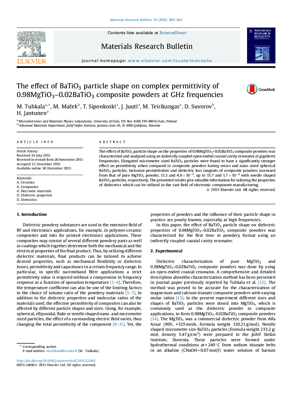 The effect of BaTiO3 particle shape on complex permittivity of 0.98MgTiO3–0.02BaTiO3 composite powders at GHz frequencies