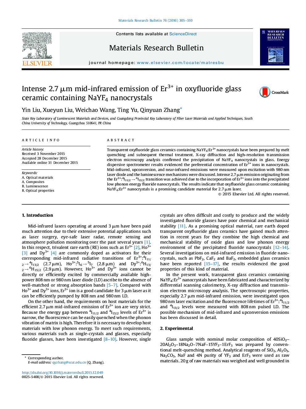 عکس صفحه اول مقاله: Intense 2.7 μm mid-infrared emission of Er3+ in oxyfluoride glass ceramic containing NaYF4 nanocrystals Intense 2.7 μm mid-infrared emission of Er3+ in oxyfluoride glass ceramic containing NaYF4 nanocrystals