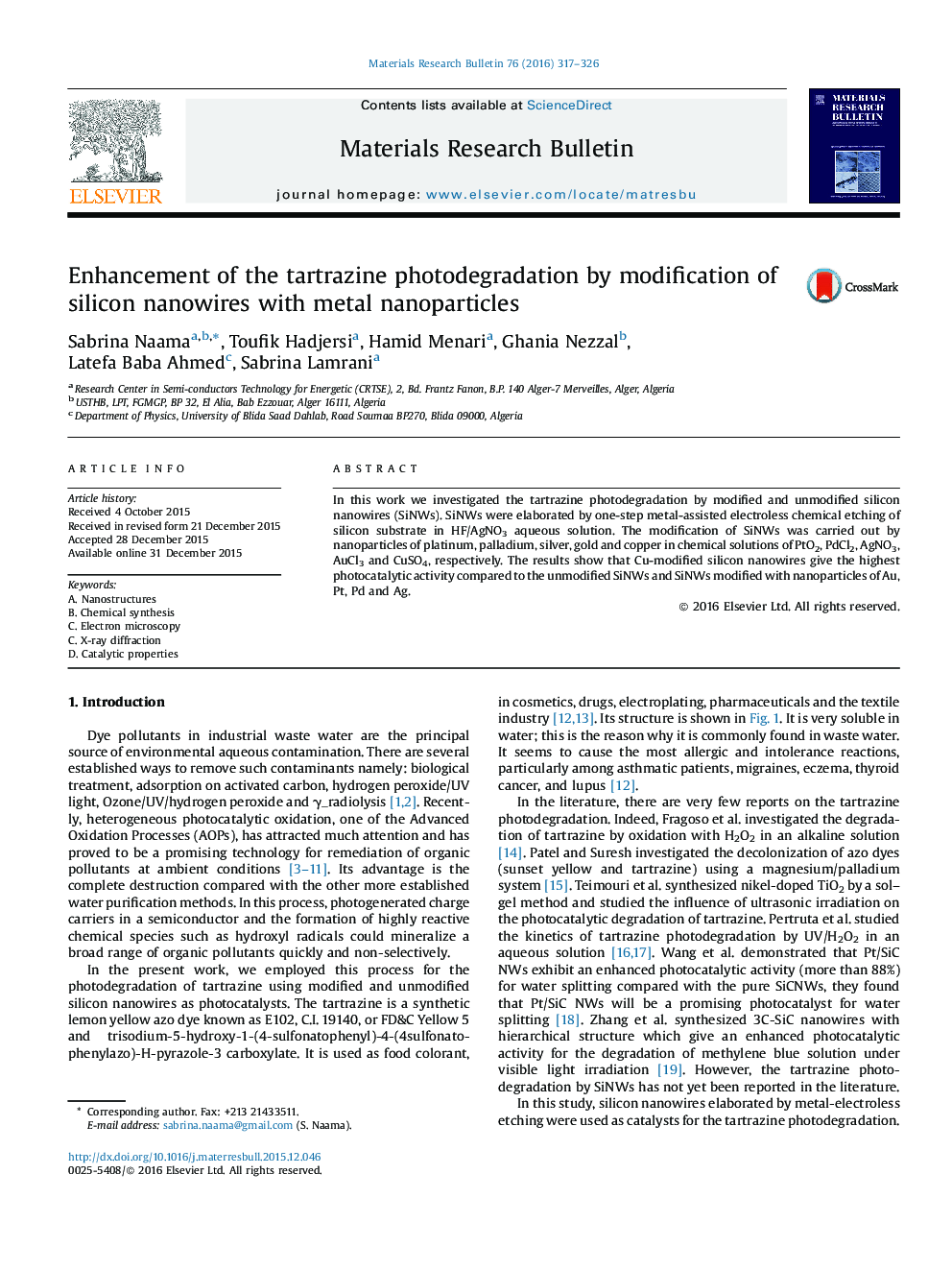 Enhancement of the tartrazine photodegradation by modification of silicon nanowires with metal nanoparticles