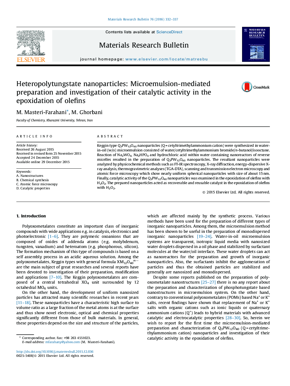 Heteropolytungstate nanoparticles: Microemulsion-mediated preparation and investigation of their catalytic activity in the epoxidation of olefins