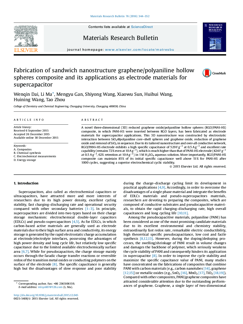 Fabrication of sandwich nanostructure graphene/polyaniline hollow spheres composite and its applications as electrode materials for supercapacitor